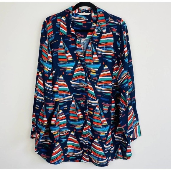 Soft Surroundings Sail Away Button Down Blouse Small Multicolor Nautical Playful - Picture 1 of 10